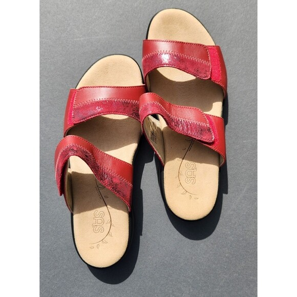 SAS Ruby / Cabernet Red Nudu Leather Sandals Slip On Slides Size 9.5W Adjustable - Picture 7 of 11